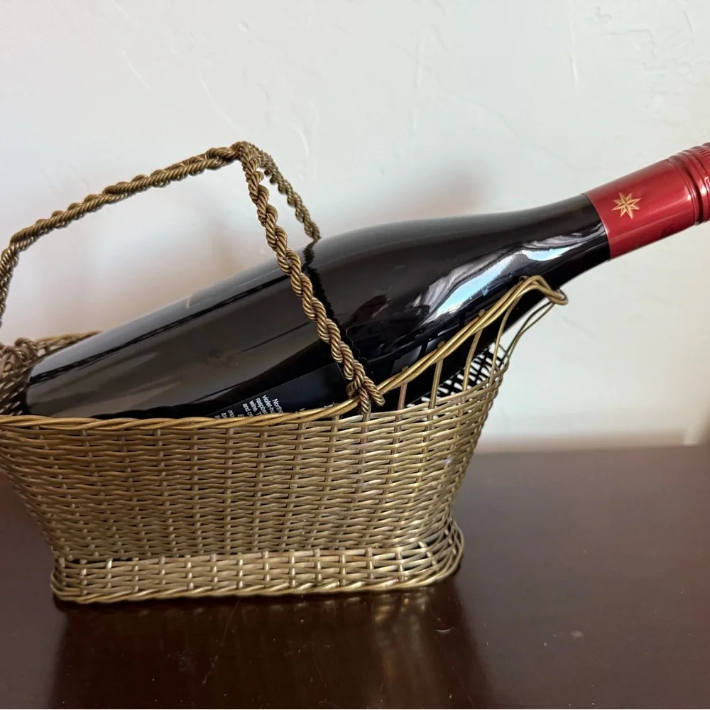 Antique French‎ Brass Gold Woven Basket wine holder caddy